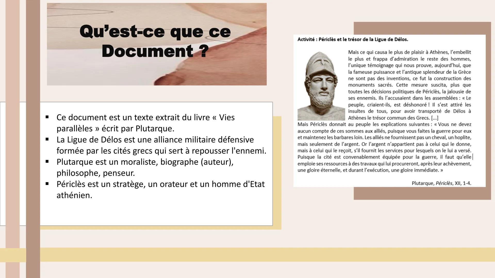 Périclès et le trésor de
la Ligue de Délos
■ Qu'est-ce que ce document et de
quoi parle-t-il
Thème 1: monuments sacrés
Thème 2 : La Ligue de