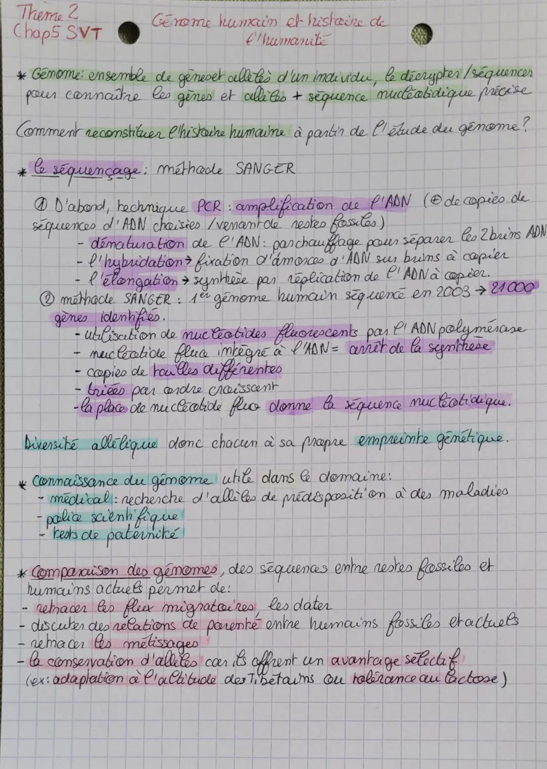 Theme 2
Chap5 SVT
* Genome: ensemble de géneset alletès d'un individu, le décrypter / séquencer
pour connaître les gènes et alleles + sequen