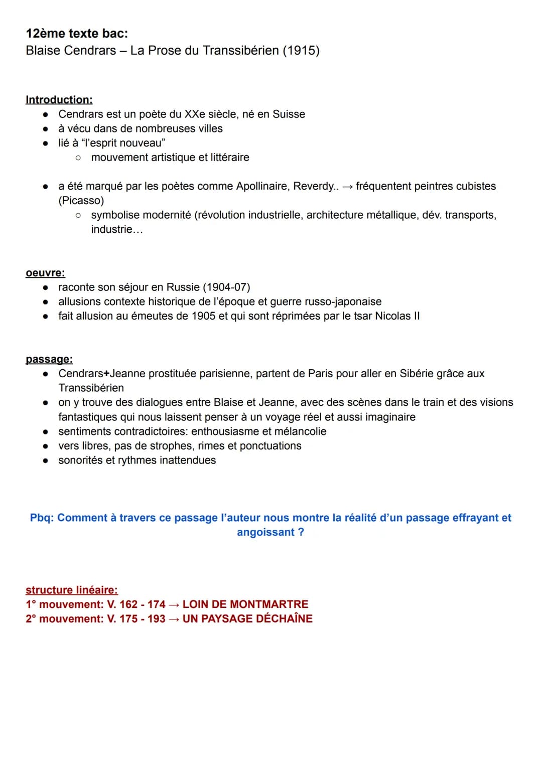 12ème texte bac:
Blaise Cendrars - La Prose du Transsibérien (1915)
Introduction:
•
Cendrars est un poète du XXe siècle, né en Suisse
à vécu