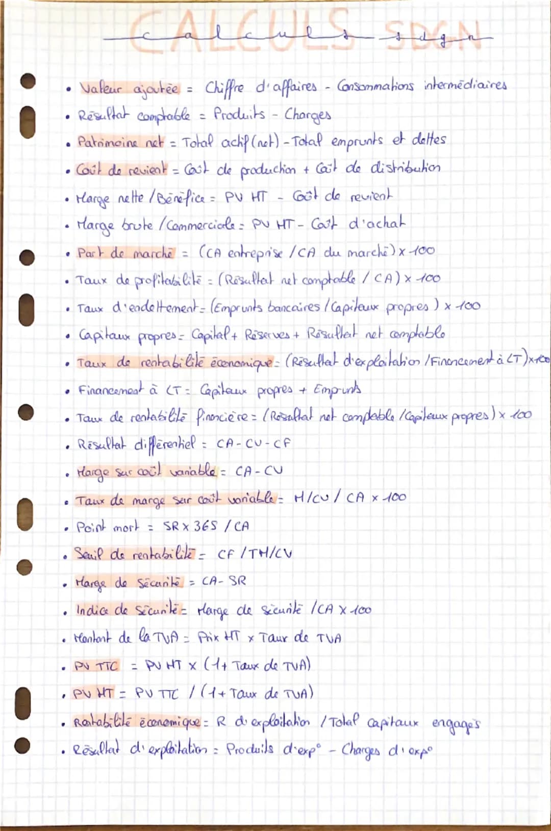 --- OCR Start ---
calculssiga
• Valeur ajoutée = Chiffre d'affaires - Consommations intermédiaires
Resultat comptable = Produits - Charges
•