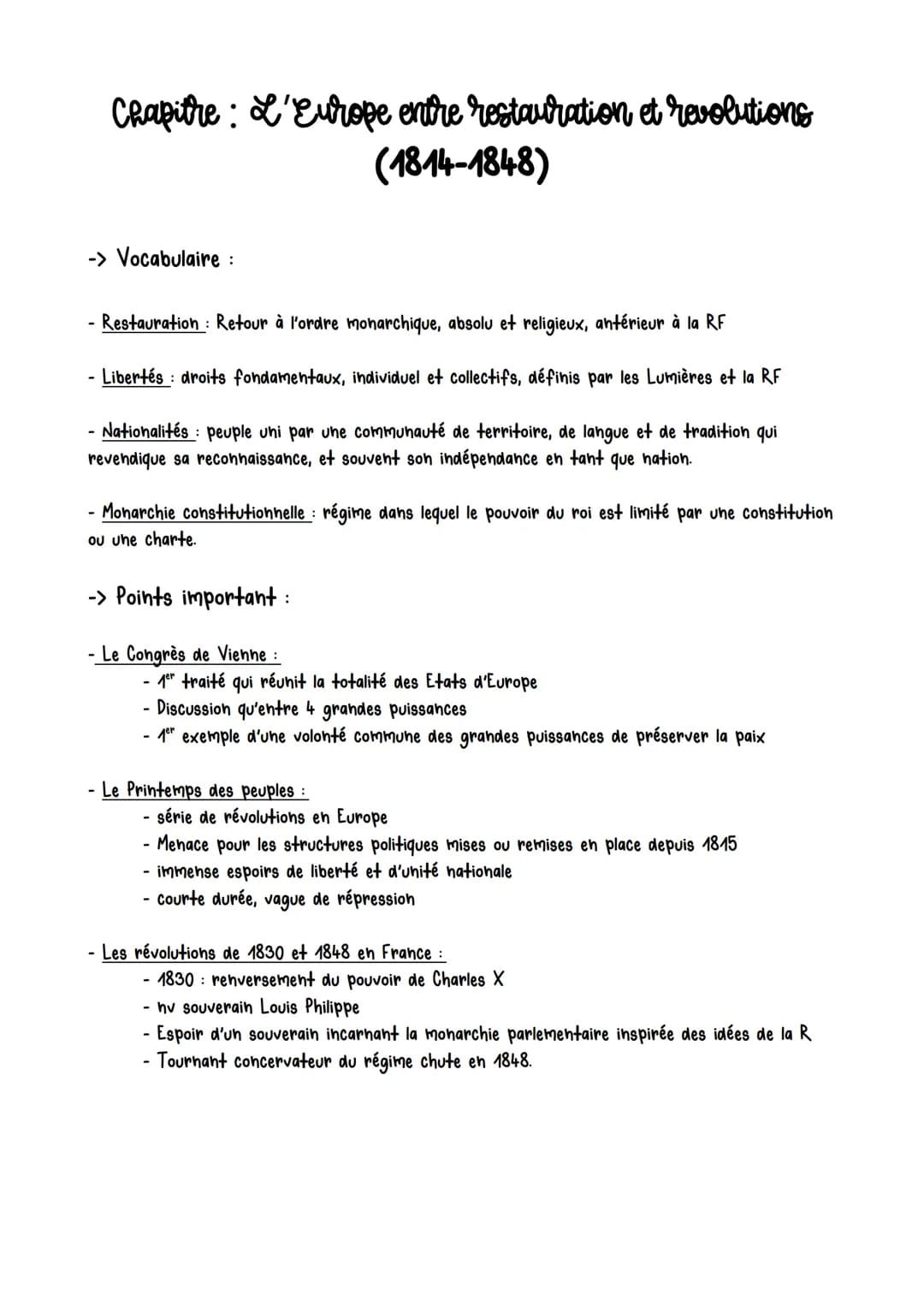Chapitre L'Europe entre restauration et revolutions
(1814-1848)
-> Vocabulaire :
•Restauration : Retour à l'ordre monarchique, absolu et rel