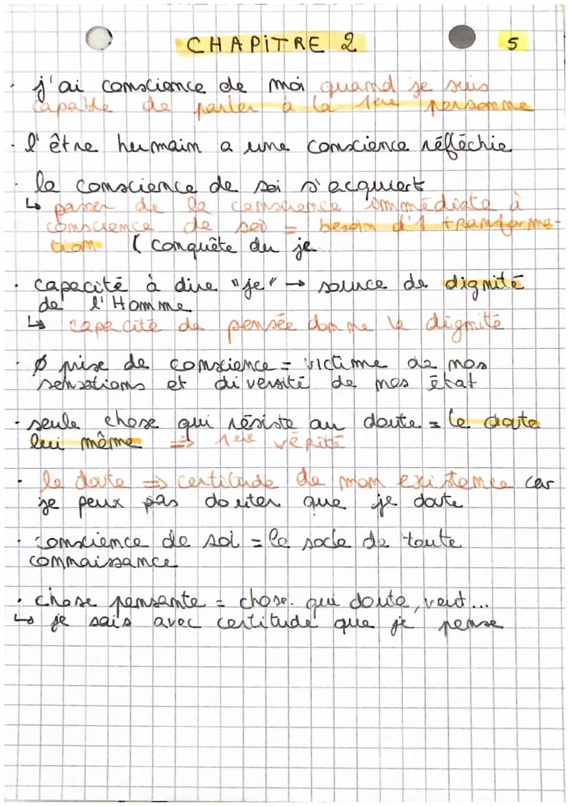 CHAPITRE 2
DEFINITIONS:
conscience = - commaissance qu'a l'Homme de
ses actes
Commaissance que nous
nous même
être conscient = être qui pers