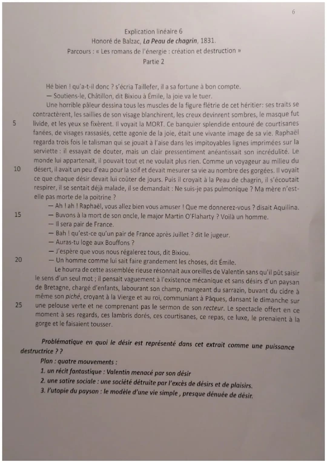 5
10
15
20
25
Explication linéaire 6
Honoré de Balzac, La Peau de chagrin, 1831.
Parcours : « Les romans de l'énergie : création et destruct