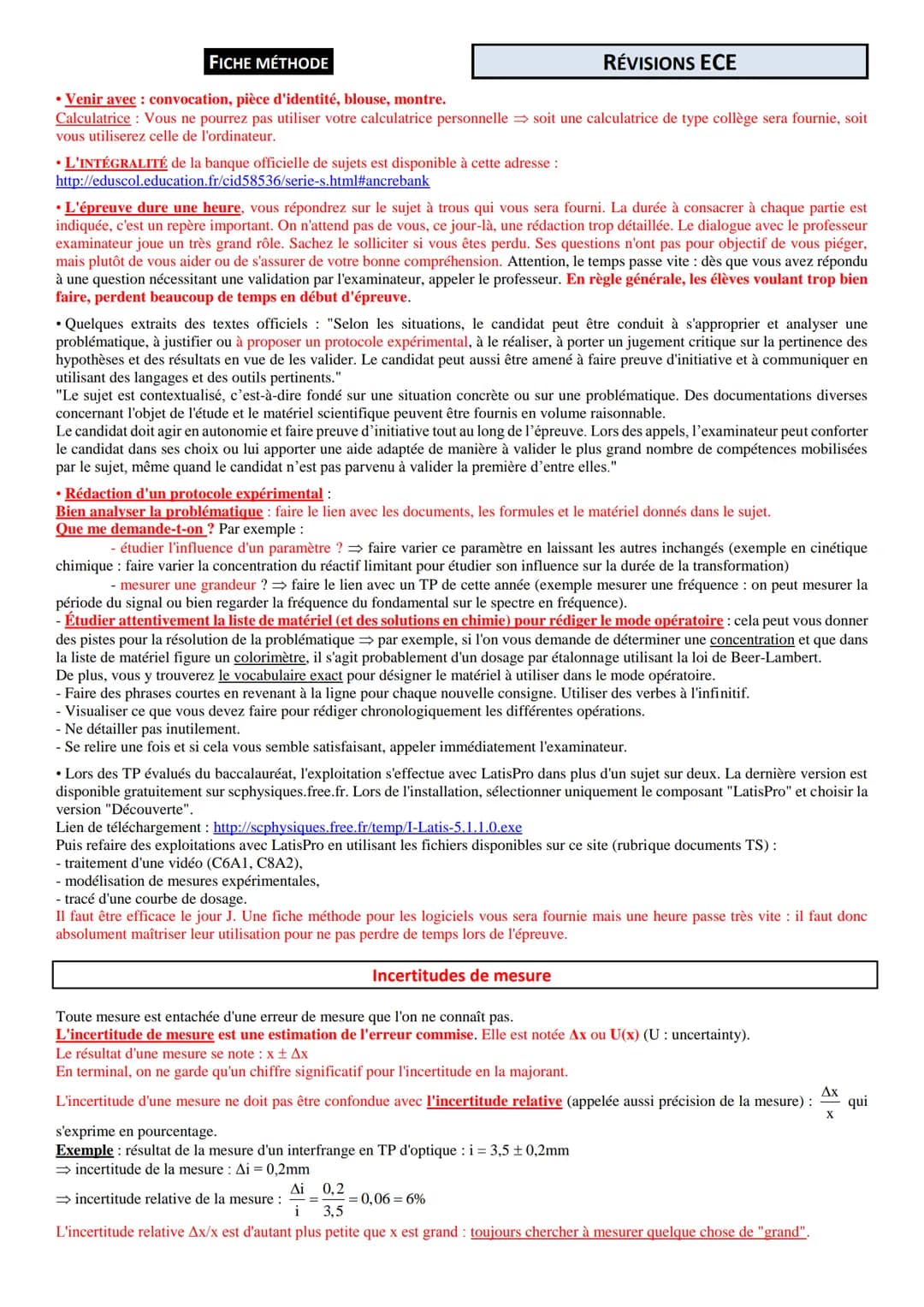 FICHE MÉTHODE
• Venir avec : convocation, pièce d'identité, blouse, montre.
Calculatrice : Vous ne pourrez pas utiliser votre calculatrice p