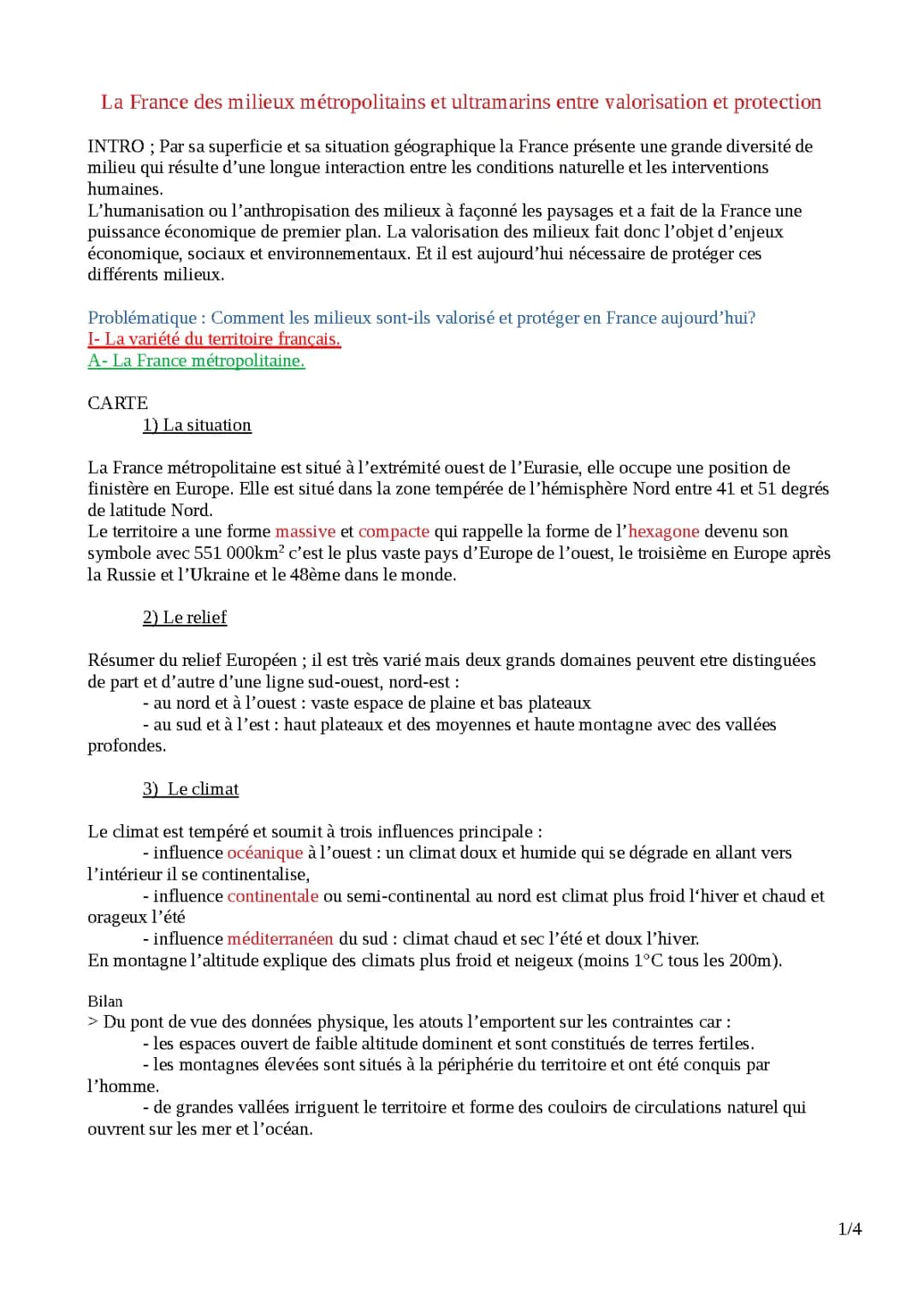 La France : des milieux métropolitains et ultramarins entre valorisation et protection - Fiche de révision PDF