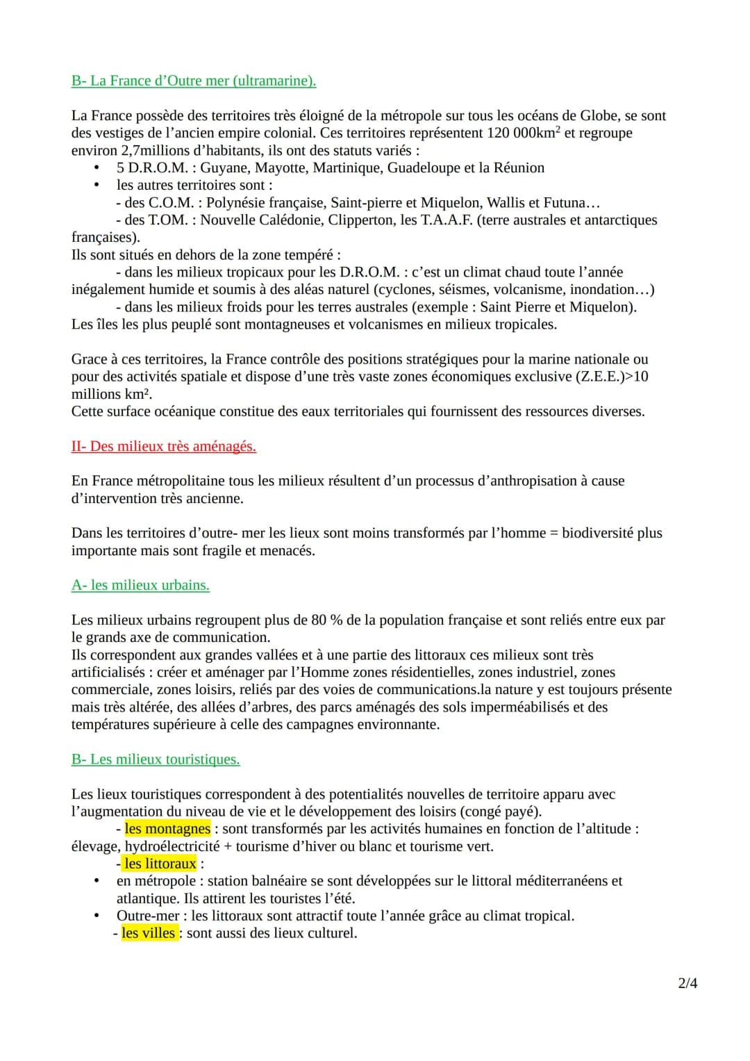 La France : des milieux métropolitains et ultramarins entre valorisation et protection - Fiche de révision PDF