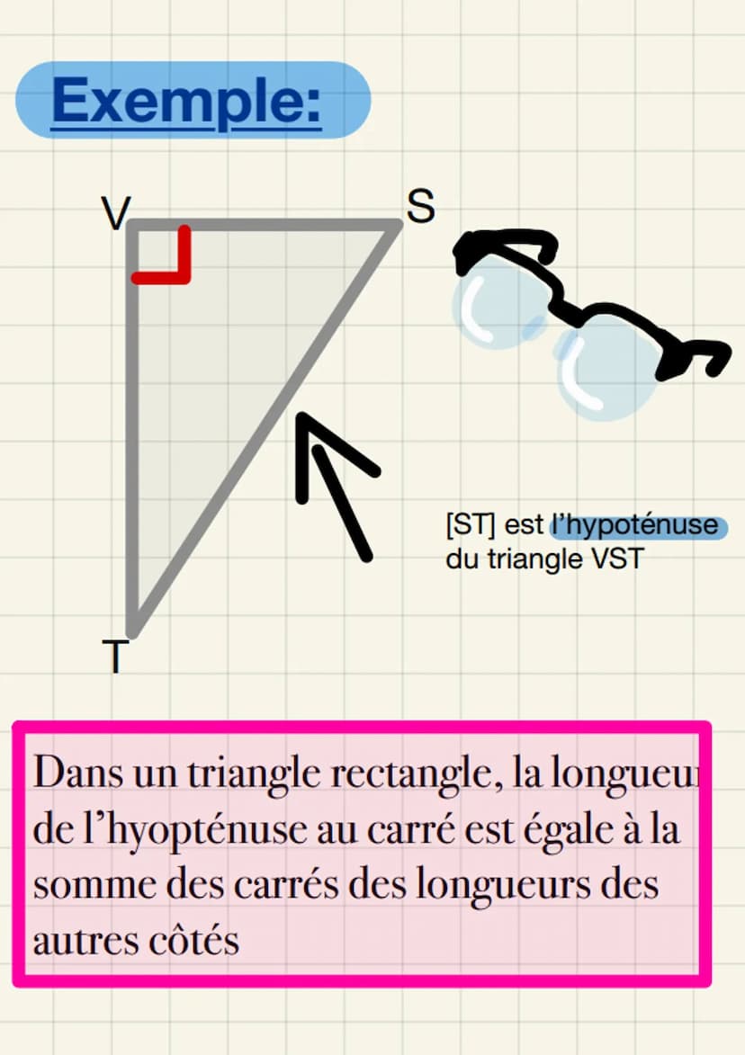 Théorème
de
Pythagore
Définition Théorème:
Dans ce triangle l'hypoténuse est le côté
opposé à l'angle droit Exemple:
V
T
K
S
[ST] est l'hypo