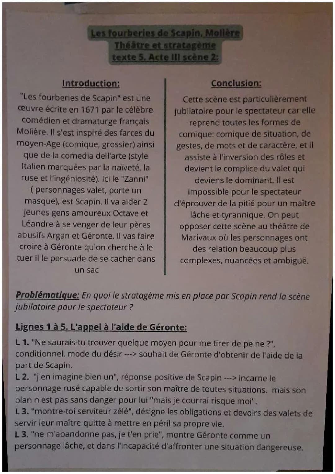 Acte III scène 2, étude linéaire fourberies de scapin