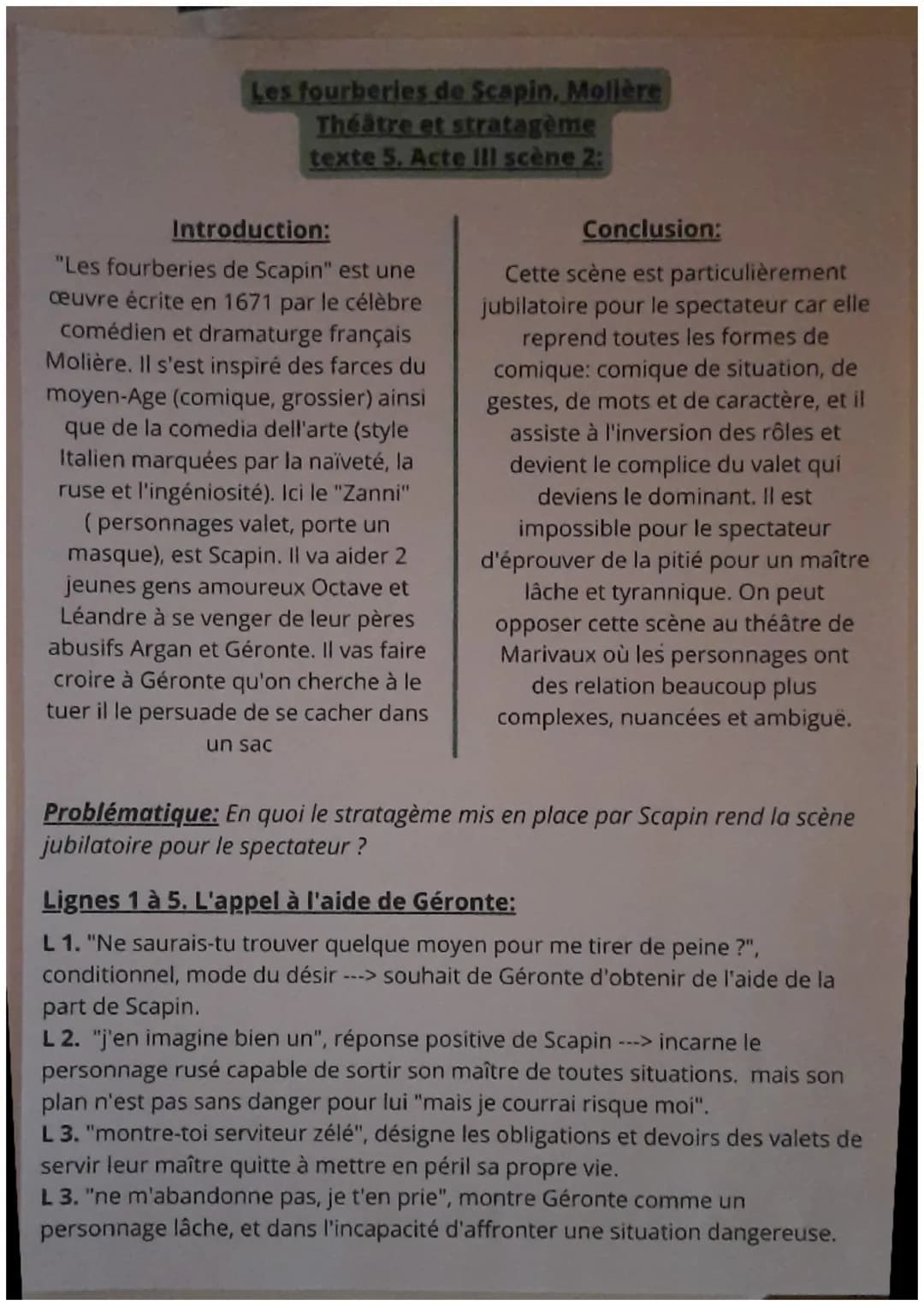 Les fourberies de Scapin, Mollère
Théâtre et stratagème
texte 5. Acte Ill scène 2:
Introduction:
"Les fourberies de Scapin" est une
œuvre éc