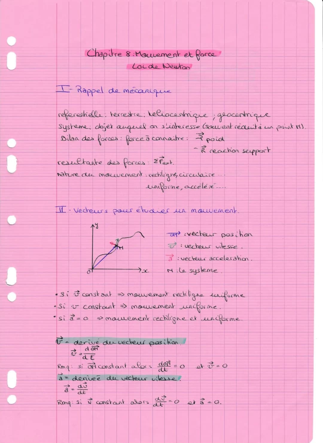 Chapitre 8 Mouvement et force
Loi de Newton
I- Rappel de mécanique
referentielle terrestre: deliocentrique; geocentrique
Systeme: objer auqu