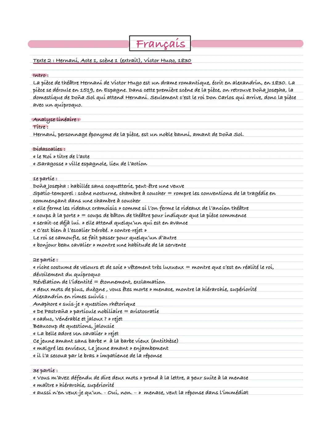 Français
Texte 2: Hernaní, Acte 1, scène 1 (extrait), Victor Hugo, 1830
Intro:
La pièce de théâtre Hernani de Victor Hugo est un drame roman