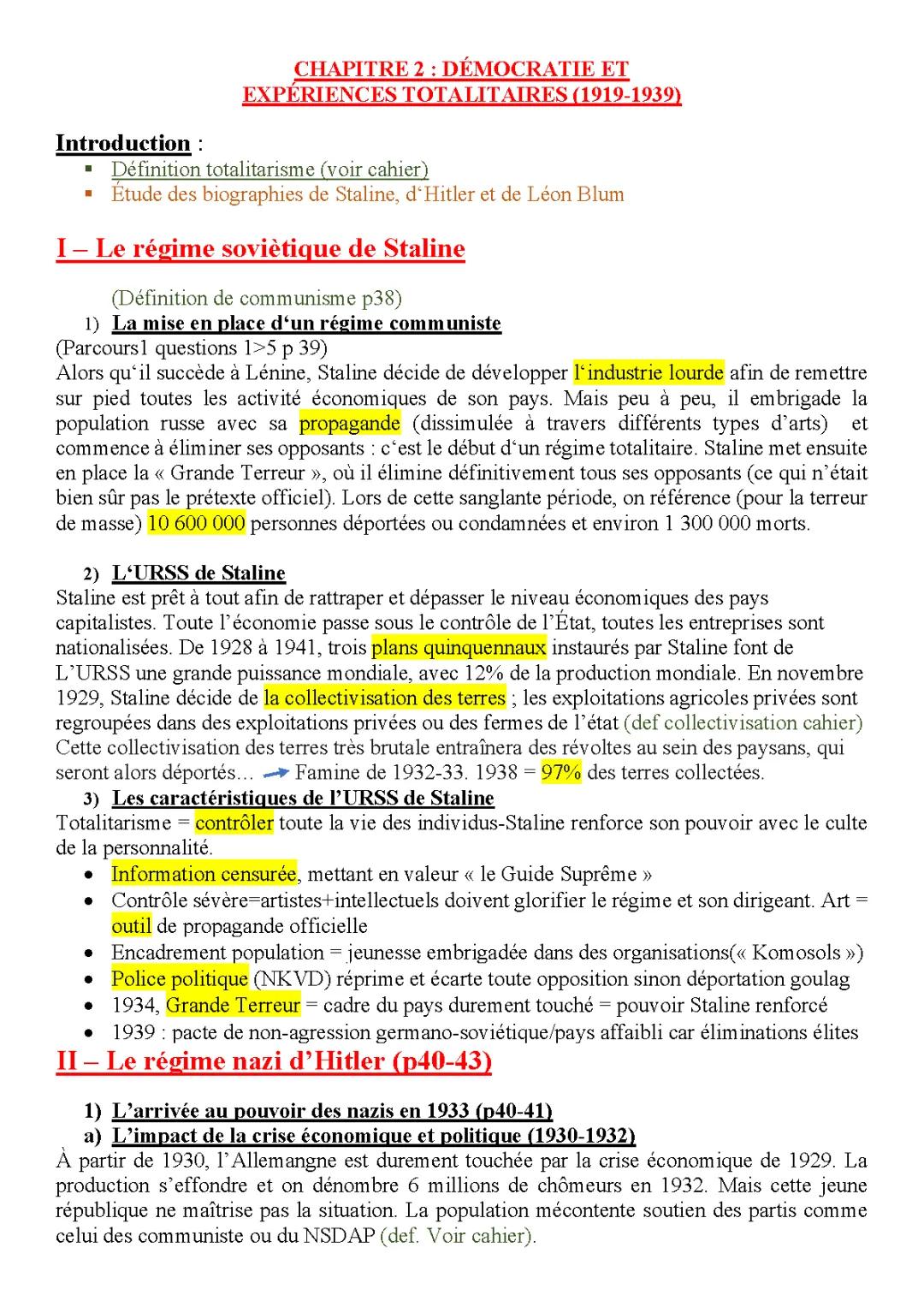 Fiche de révision Histoire 3ème : Démocratie et Régimes Totalitaires (1919-1939) - PDF