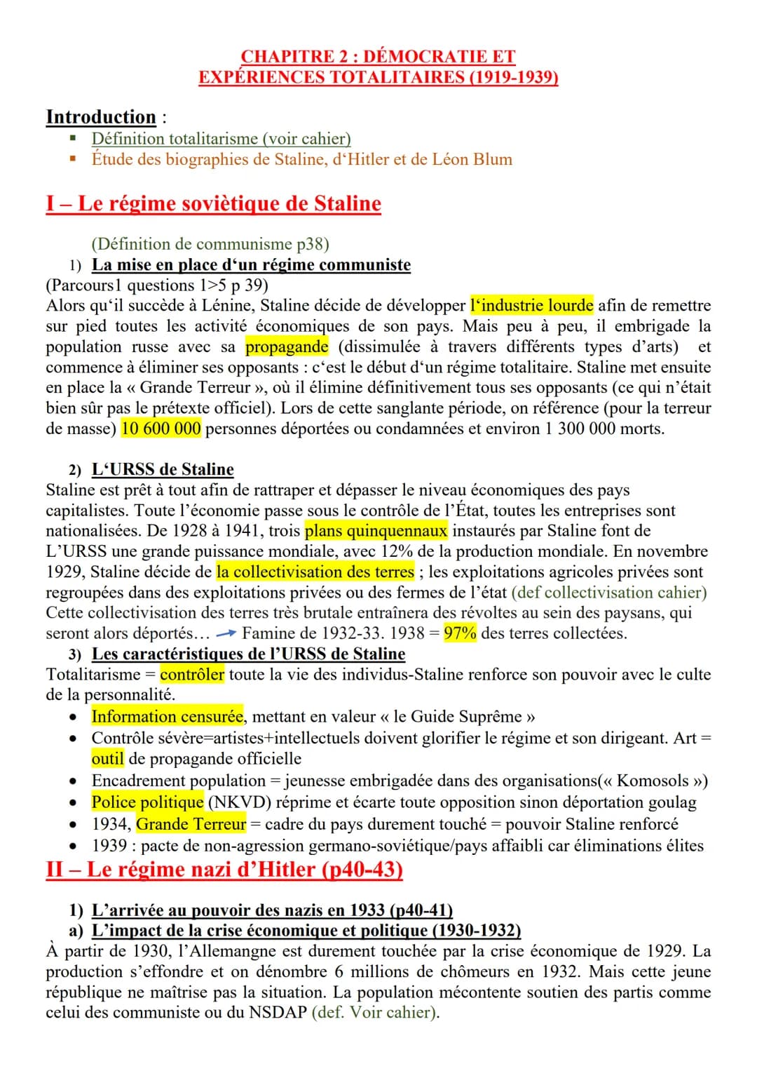 Introduction :
I
CHAPITRE 2 : DÉMOCRATIE ET
EXPÉRIENCES TOTALITAIRES (1919-1939)
Définition totalitarisme (voir cahier)
Étude des biographie