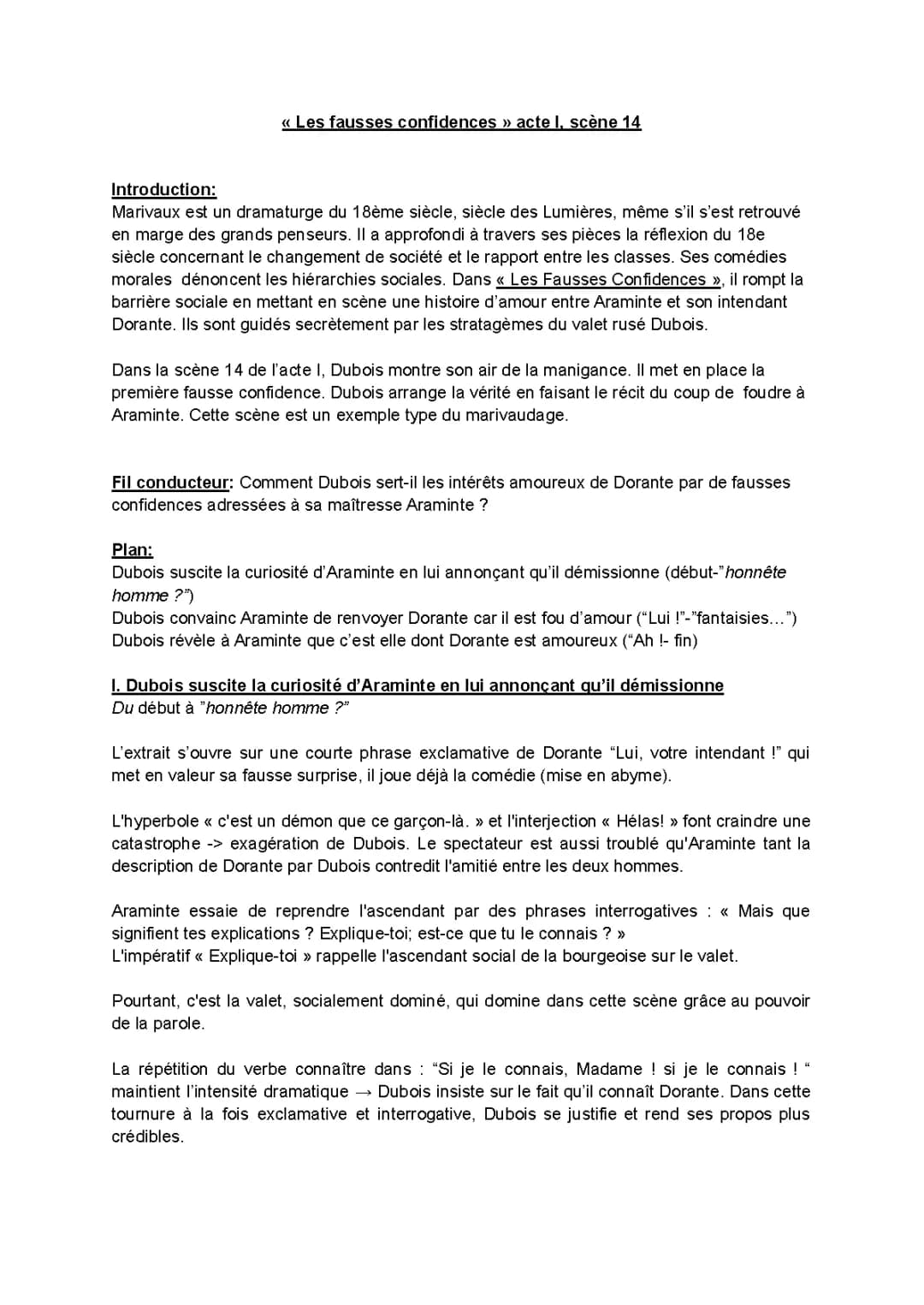 Analyse linéaire Les Fausses Confidences Acte 1 Scène 14 - Problématique et PDF