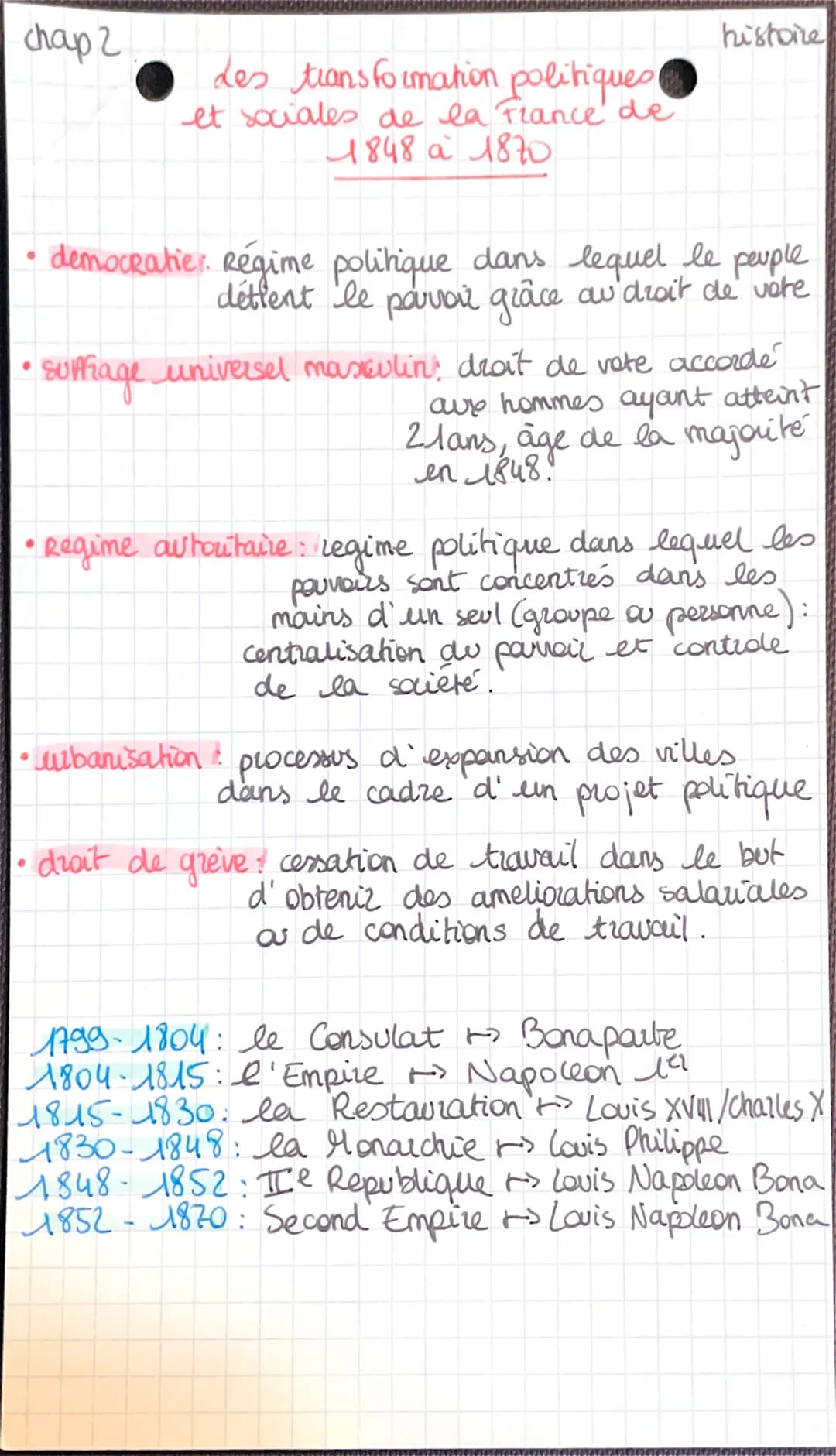 chap 2
Les transformation politiques
et sociales de la France de
1848 à 1870
histoire
democratie. Régime politique dans lequel le peuple
dét
