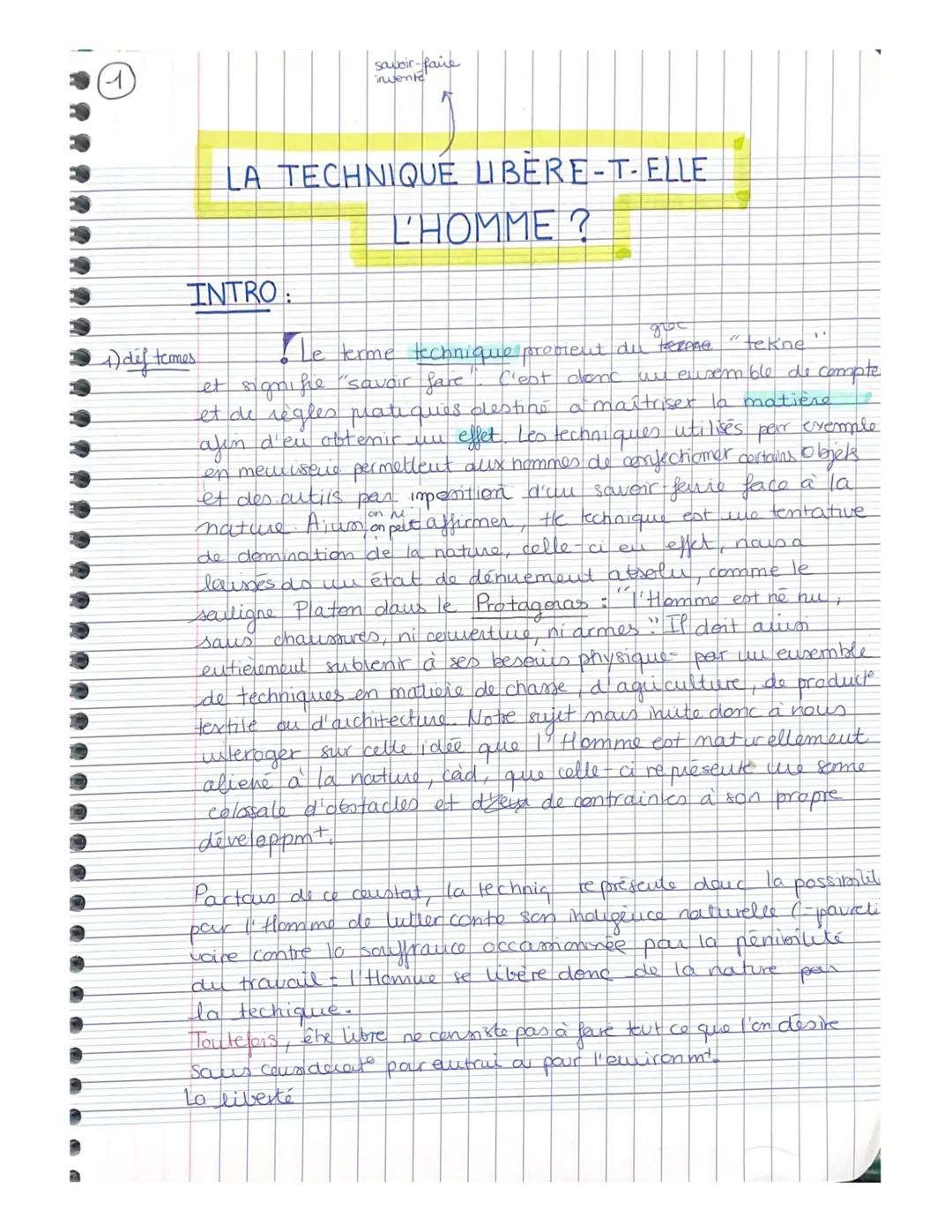 1

savoir-faire
invente

# LA TECHNIQUE LIBERE-T-ELLE

## L'HOMME?

INTRO:

1) def termes

Le terme technique provient du teeme "tekne

et s