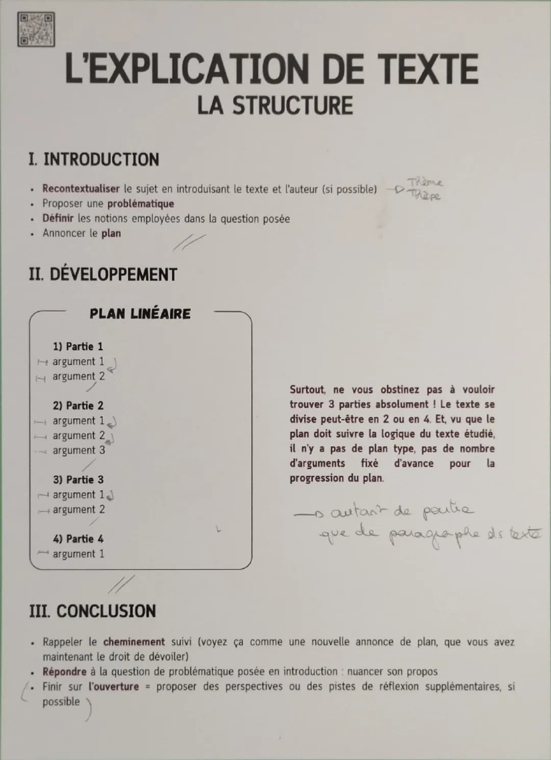 L'EXPLICATION DE TEXTE
LA STRUCTURE
I. INTRODUCTION
Thème
Recontextualiser le sujet en introduisant le texte et l'auteur (si possible) There