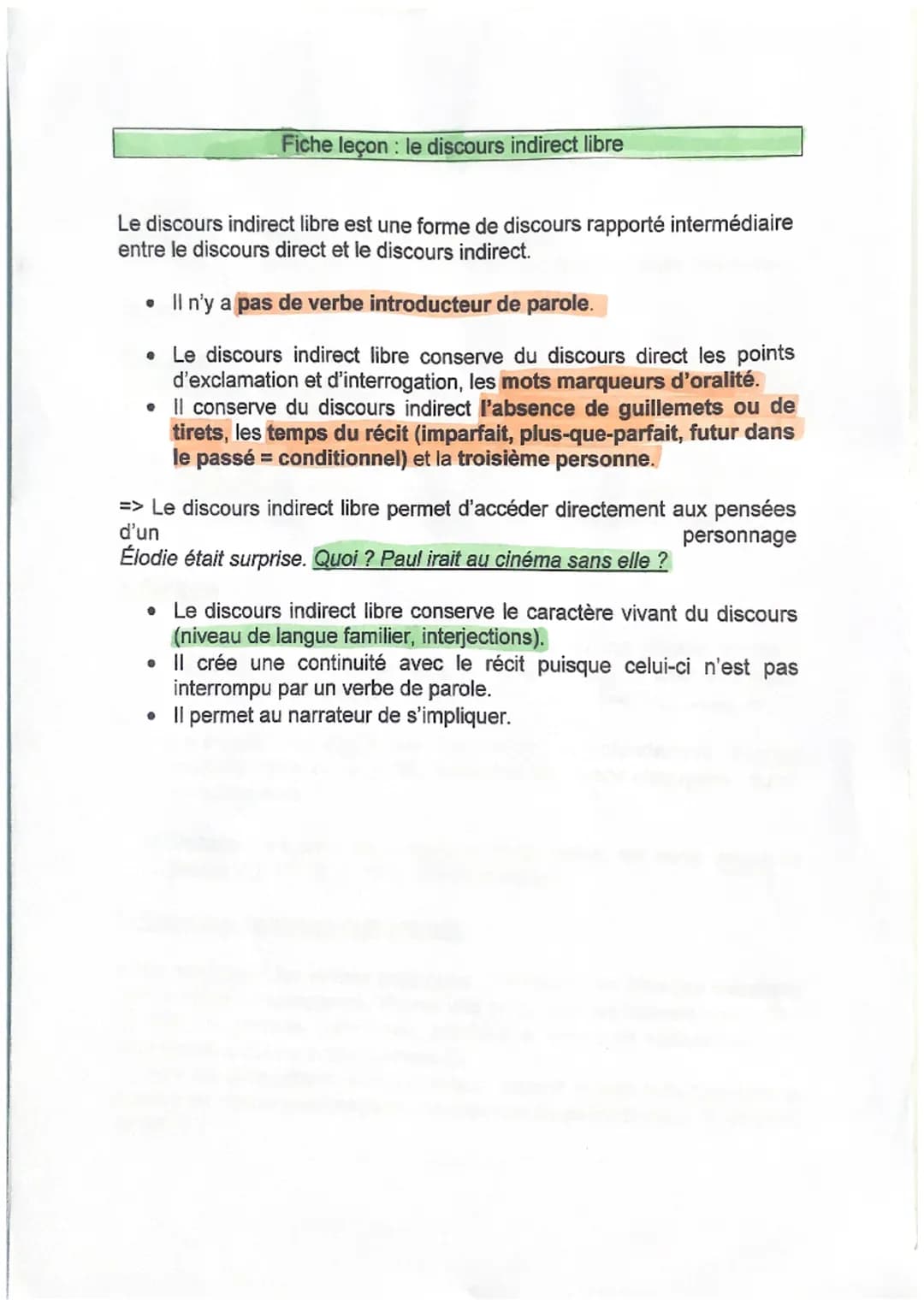 Fiche leçon : le discours indirect libre
Le discours indirect libre est une forme de discours rapporté intermédiaire
entre le discours direc