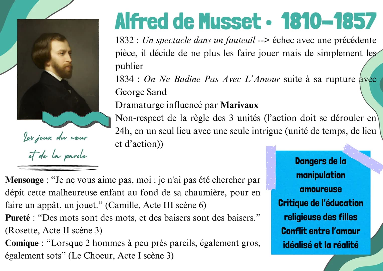 --- OCR Start ---
Les jeux du cour
et de la parole
Alfred de Musset 1810-1857
1832: Un spectacle dans un fauteuil --> échec avec une précéde