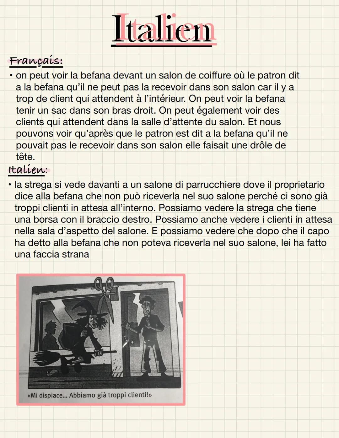 Italien
Français:
• on peut voir la befana devant un salon de coiffure où le patron dit
a la befana qu'il ne peut pas recevoir dans son salo