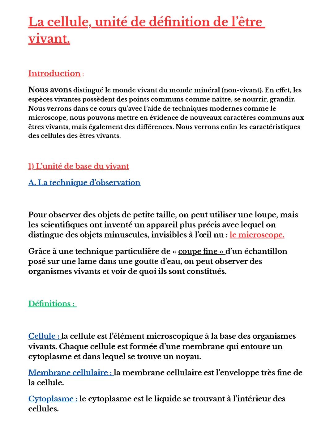 La cellule, unité de définition de l'être vivant 
