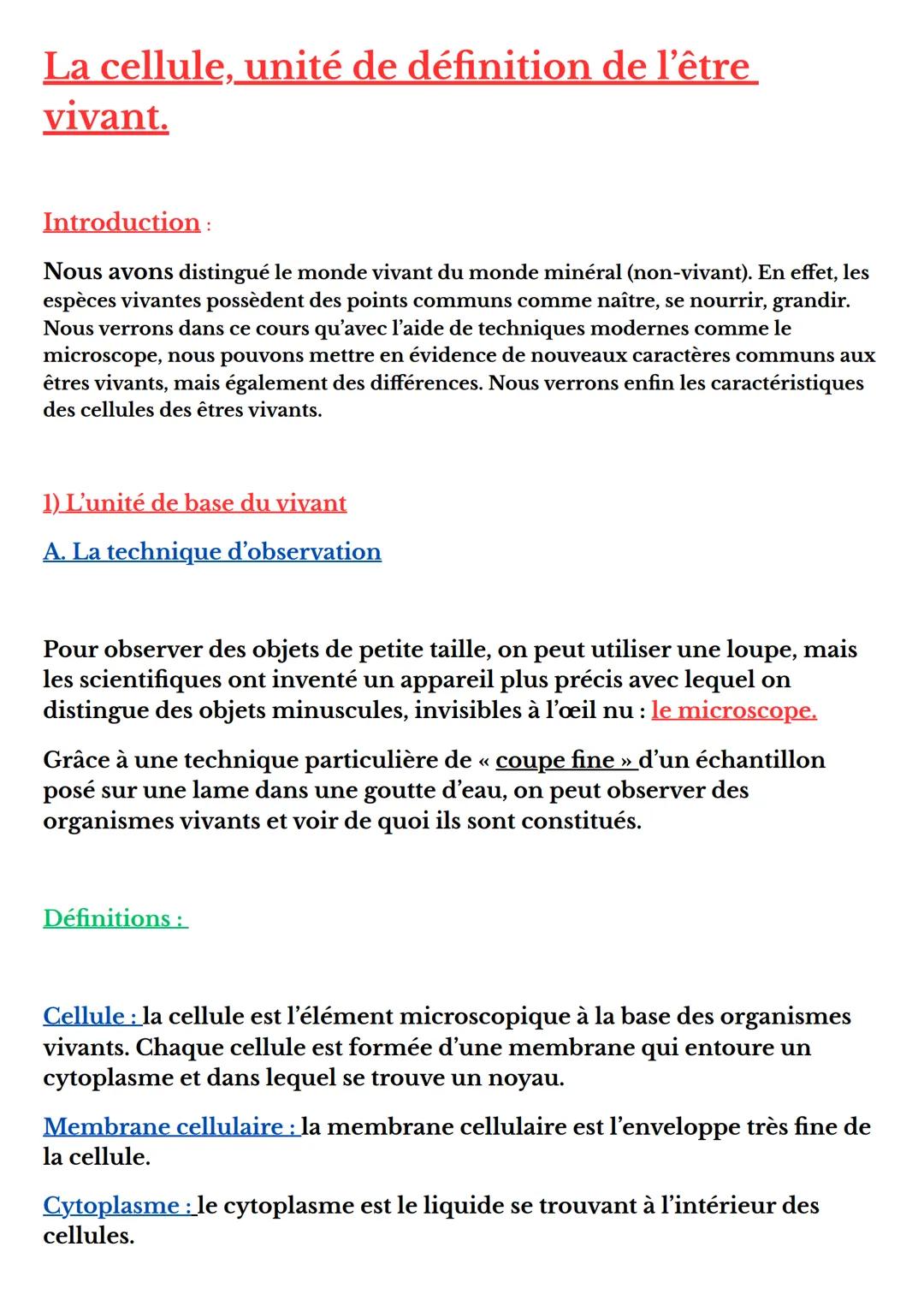 La cellule, unité de définition de l'être
vivant.
Introduction:
Nous avons distingué le monde vivant du monde minéral (non-vivant). En effet