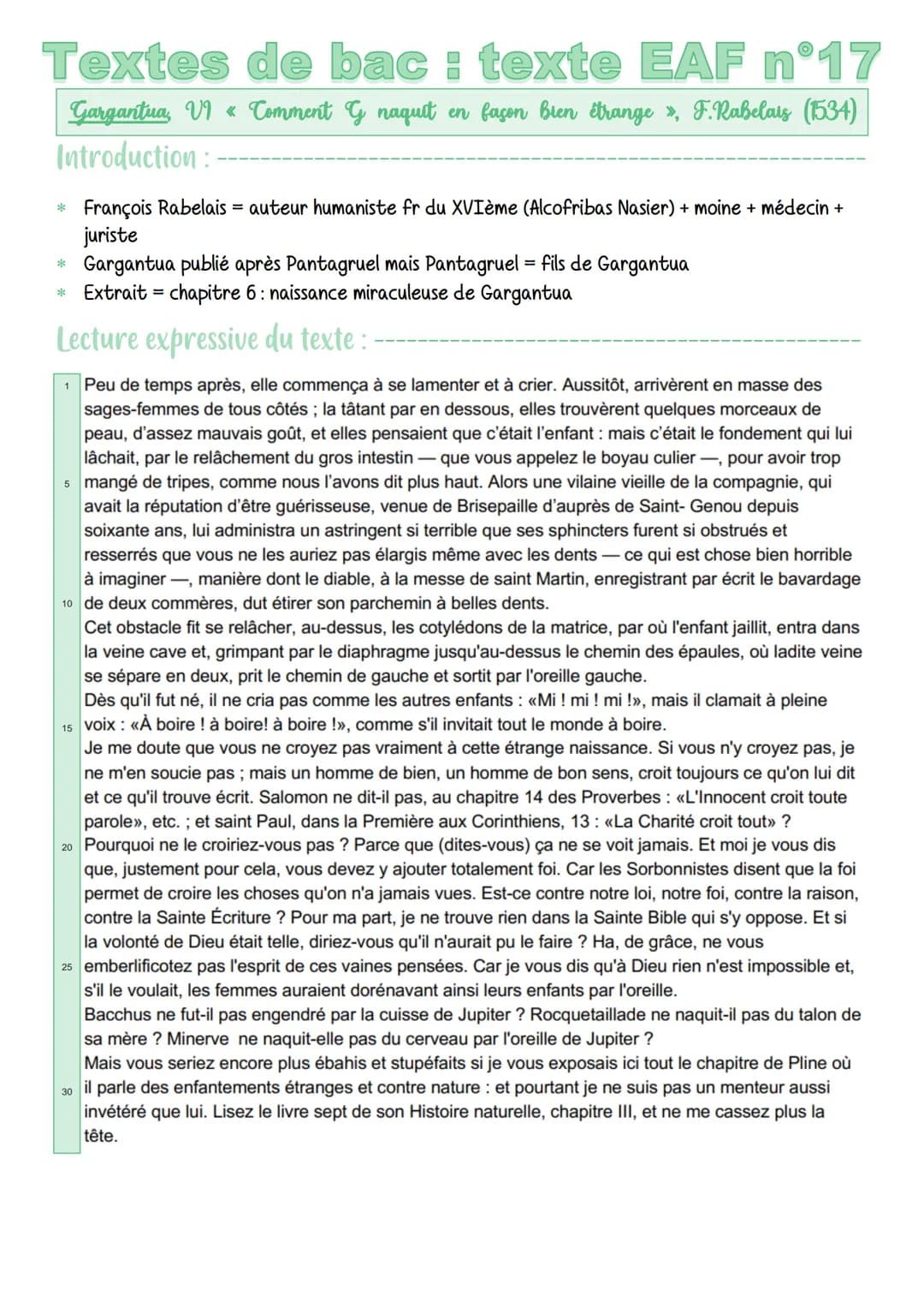 Textes de bac : texte EAF n°17
Gargantua, VI« Comment G naquit en façon bien étrange » F.Rabelais (1534)
Introduction:
* François Rabelais -