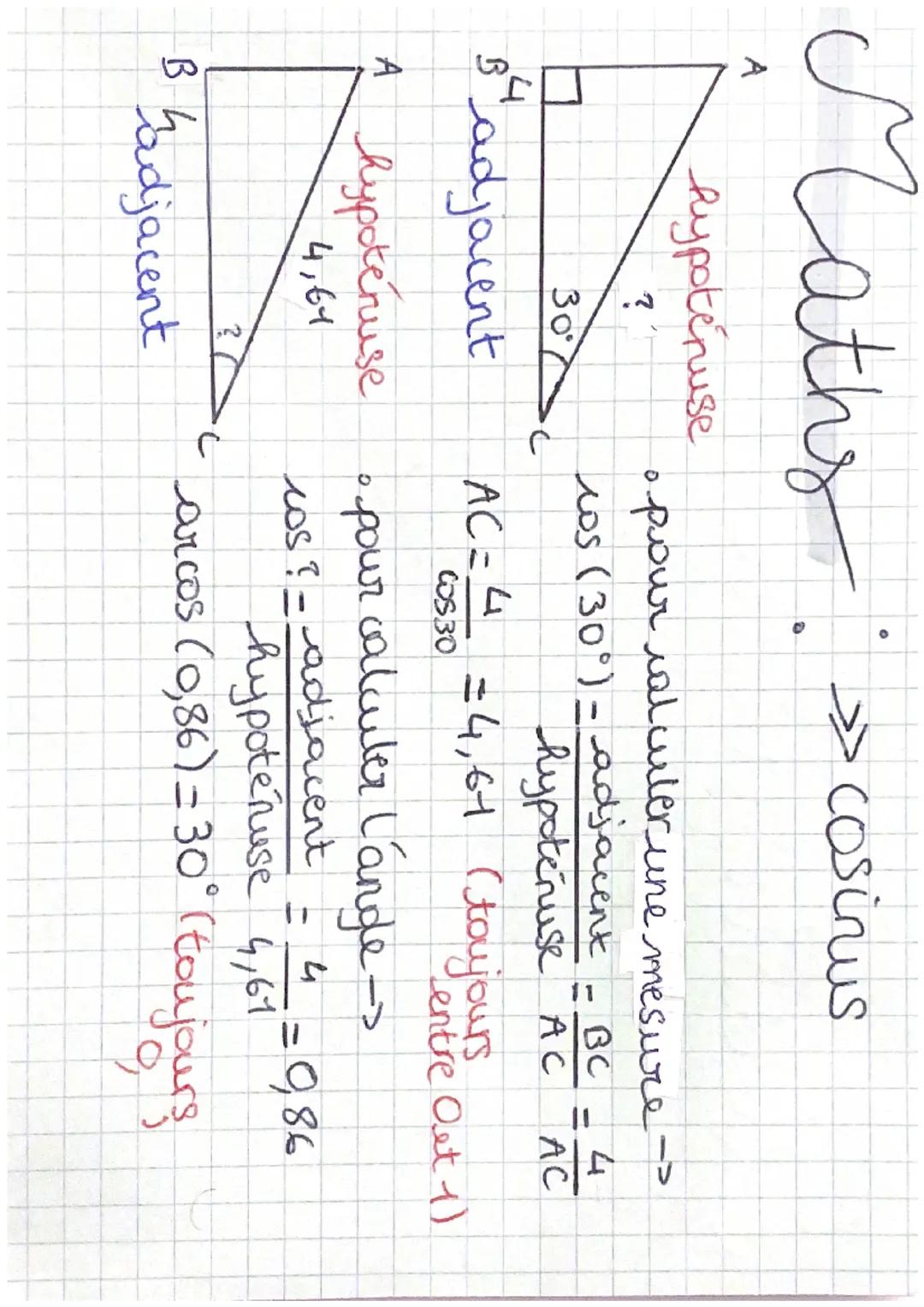 Maths:
hypoténuse
?
30°
A
。 pour calculer une mesure->
los (30°) - adjacent
BC
Badjacent
hypotenuse AC
AC = 4 = 4,61 (toujours
COS30
hypotér