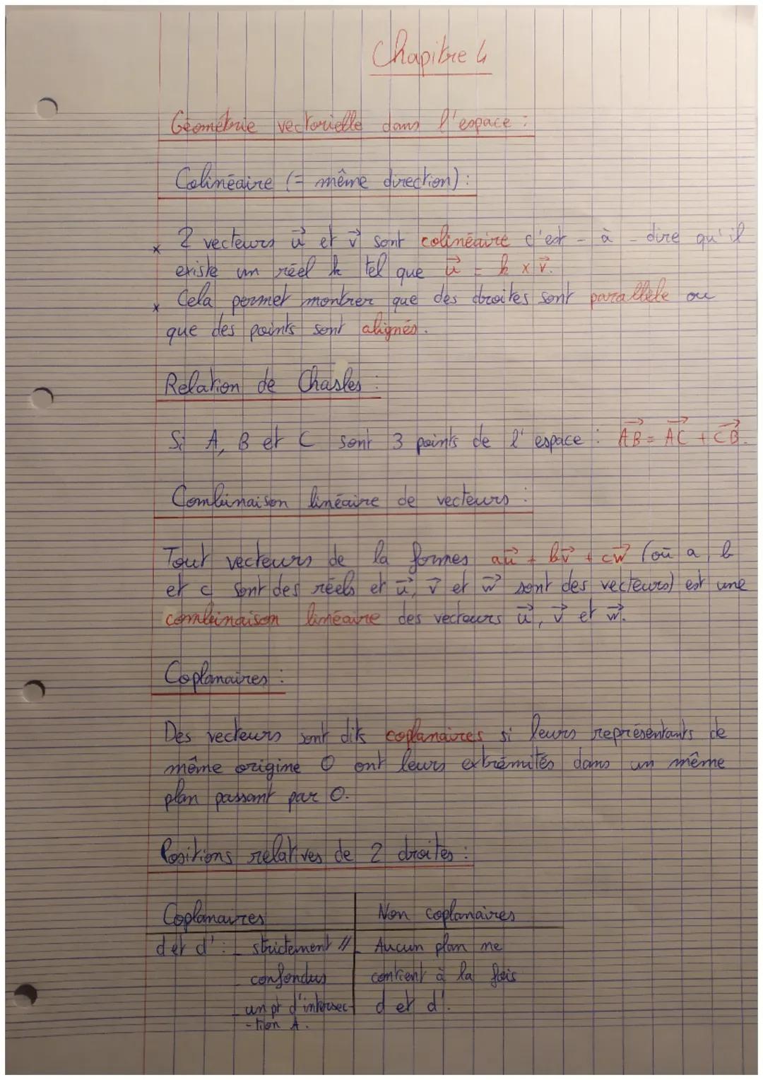 Chapitre 4
Geométrie vectorielle dans l'espace
Colinéaire ( même direction):
2 vecteurs u et ✓ sont colinéaire c'est
*
existe un réel k tel
