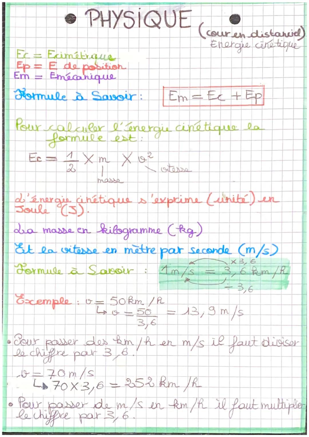 # PHYSIQUE (cour en distanciel)

Ec = Ecimétrique

Ep = E de position

Em = Emécanique

Formule à Savoir:

Energie cinétique

Em = Ec + Ep

