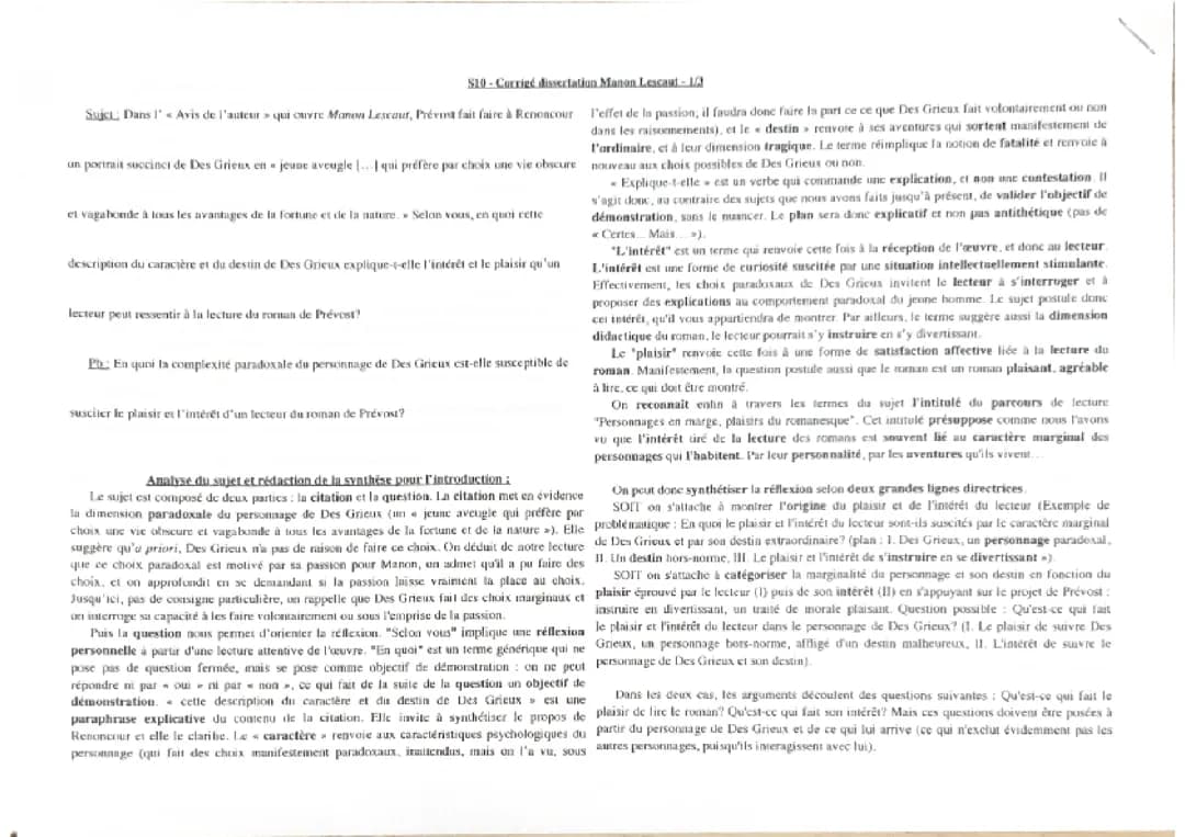 Corrigé dissertation Manon Lescaut de l’Abbé Prévost 