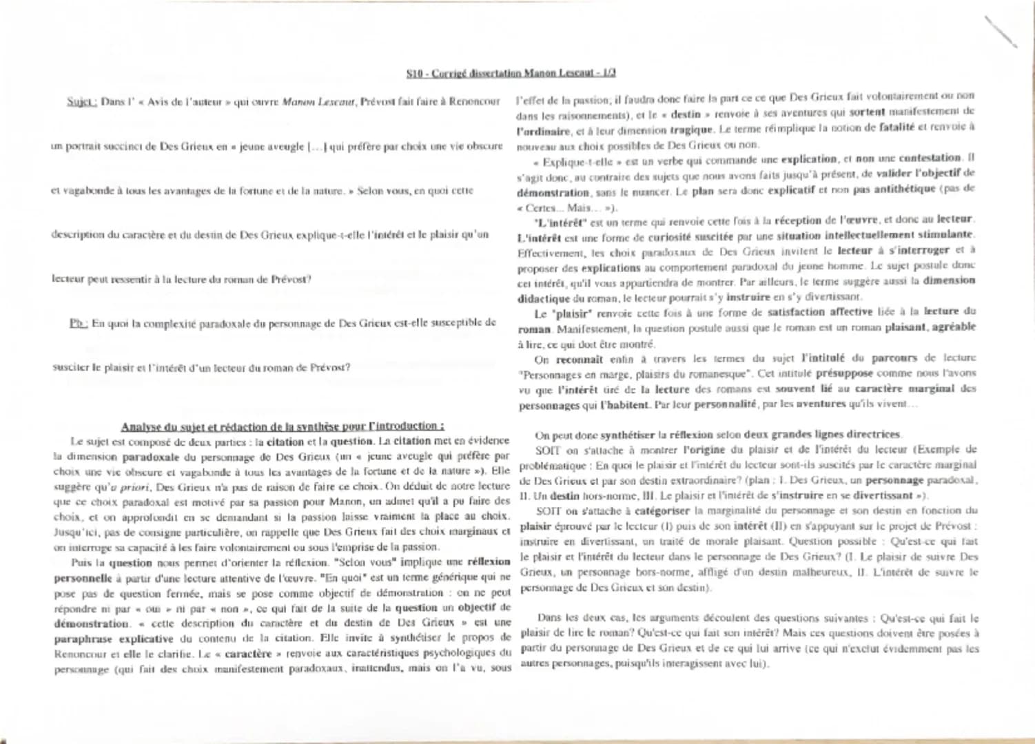 S10-Corrigé dissertation Manon Lescaut -13
Sujet Dans l'Avis de l'auteur qui ouvre Manon Lescaut, Prévost fait faire à Renoncour l'effet de 