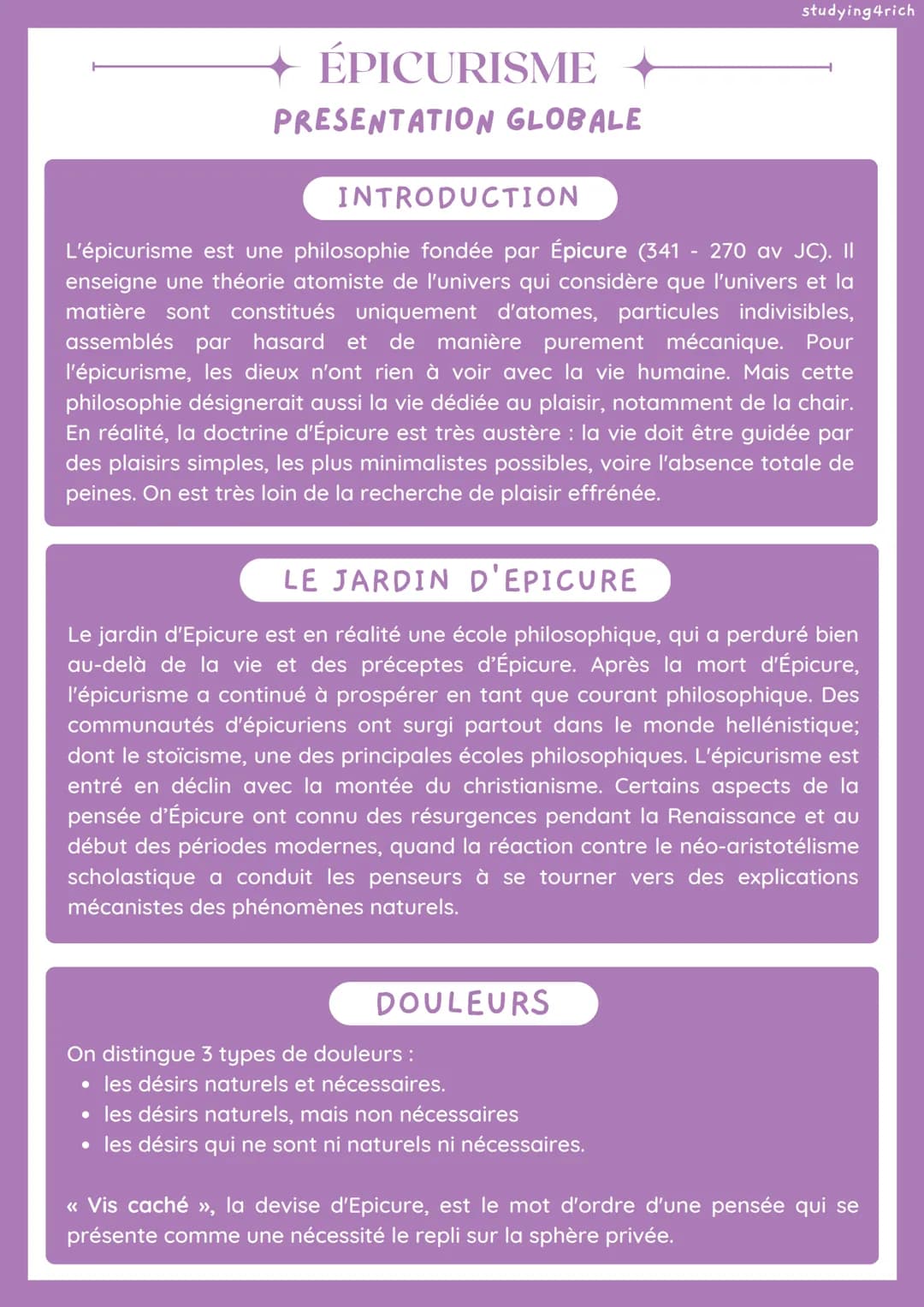 ÉPICURISME
PRESENTATION GLOBALE
INTRODUCTION
L'épicurisme est une philosophie fondée par Épicure (341 - 270 av JC). II
enseigne une théorie 