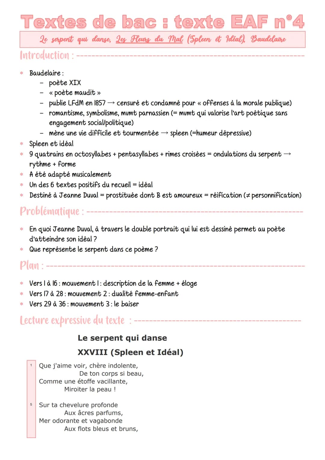 Textes de bac : texte EAF n°4
Le serpent qui danse, Les Fleurs du Mal (Spleen et Idéal), Baudelaire
Introduction
*Baudelaire :
poète XIX
<< 