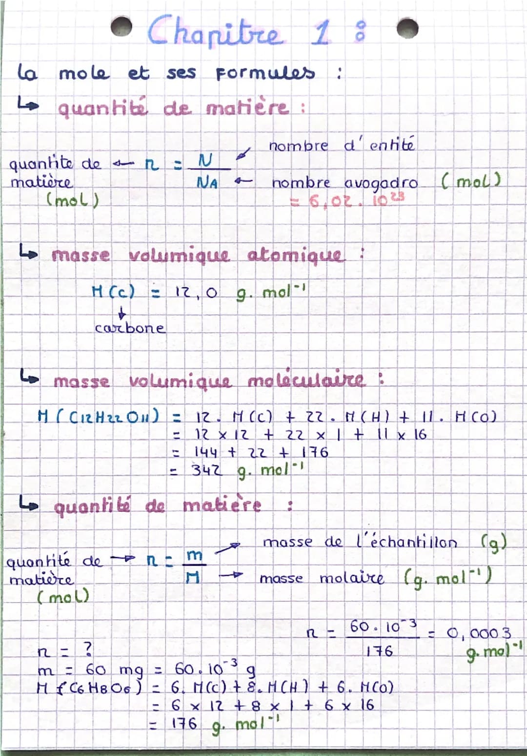 # Chapitre 1 : 2

← Concentration molaire :

concentration  $C = \frac{n}{V}$  quantité de matière (mol)
(mol. L⁻¹)
volume (L)

← Concentrat