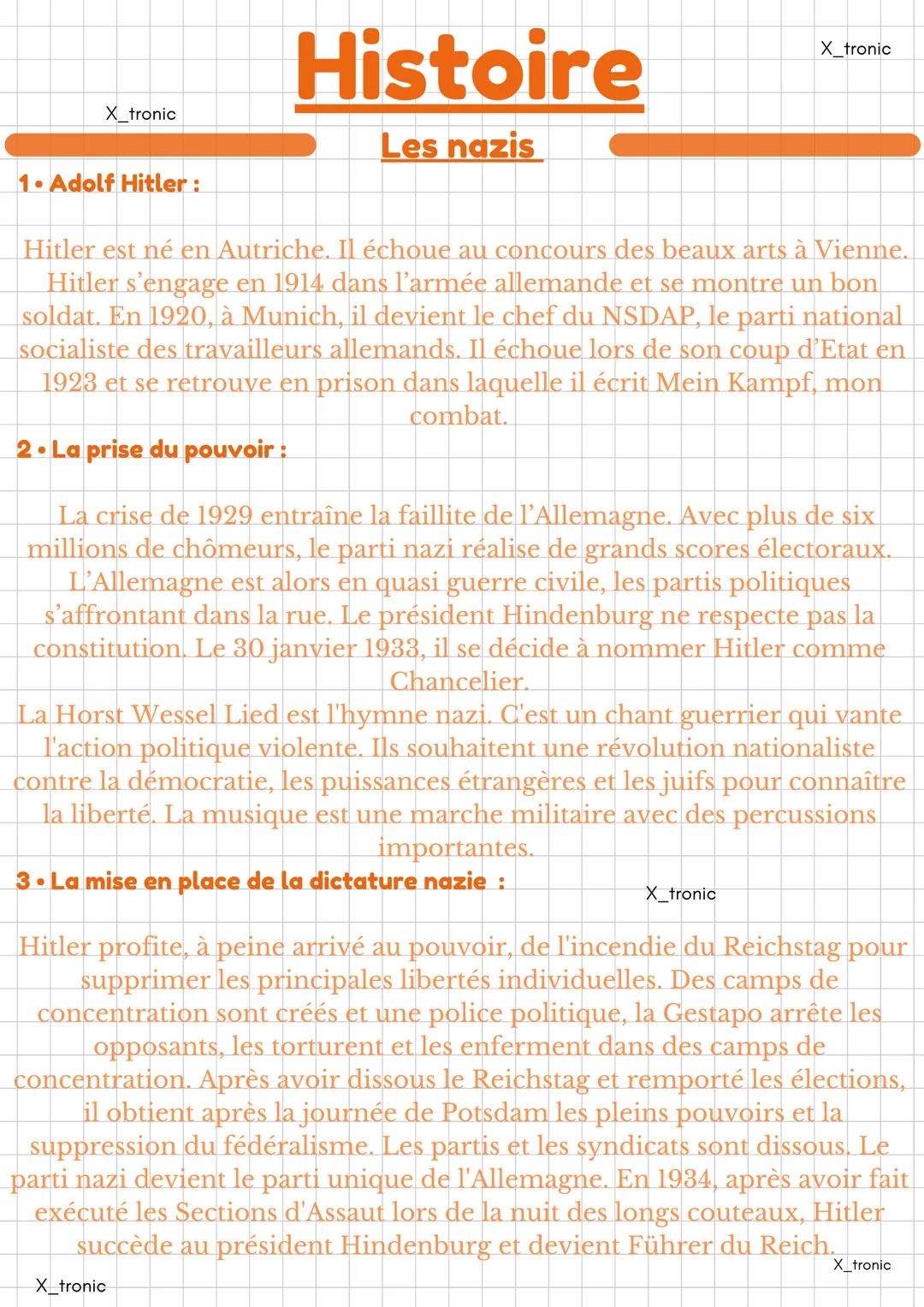 X_tronic

# Histoire

## Les nazis

X_tronic

1. Adolf Hitler:

Hitler est né en Autriche. Il échoue au concours des beaux arts à Vienne.
Hi