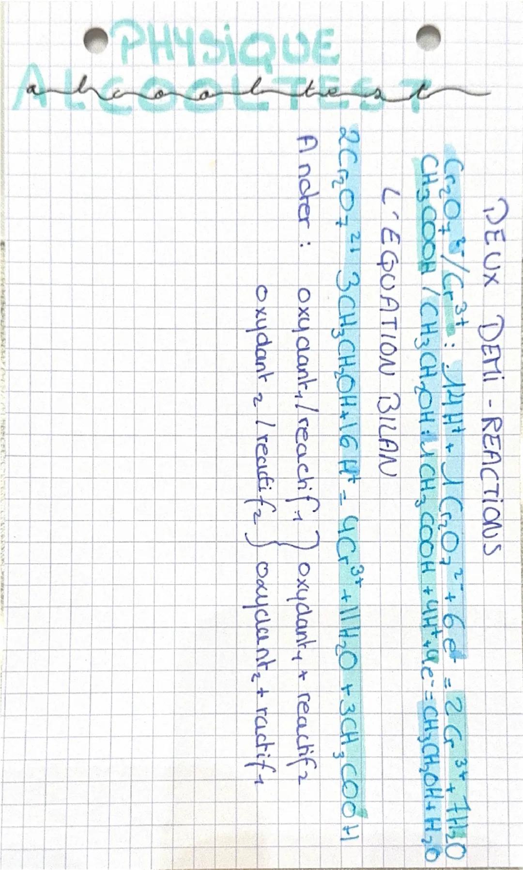 •PHYSIQUE
Principe de l'alcootest:
tube contenant Isclide ionique
+ dicomate de potassium (K2Cr2O7)
- air expiré
L max
- Test colorimetrique