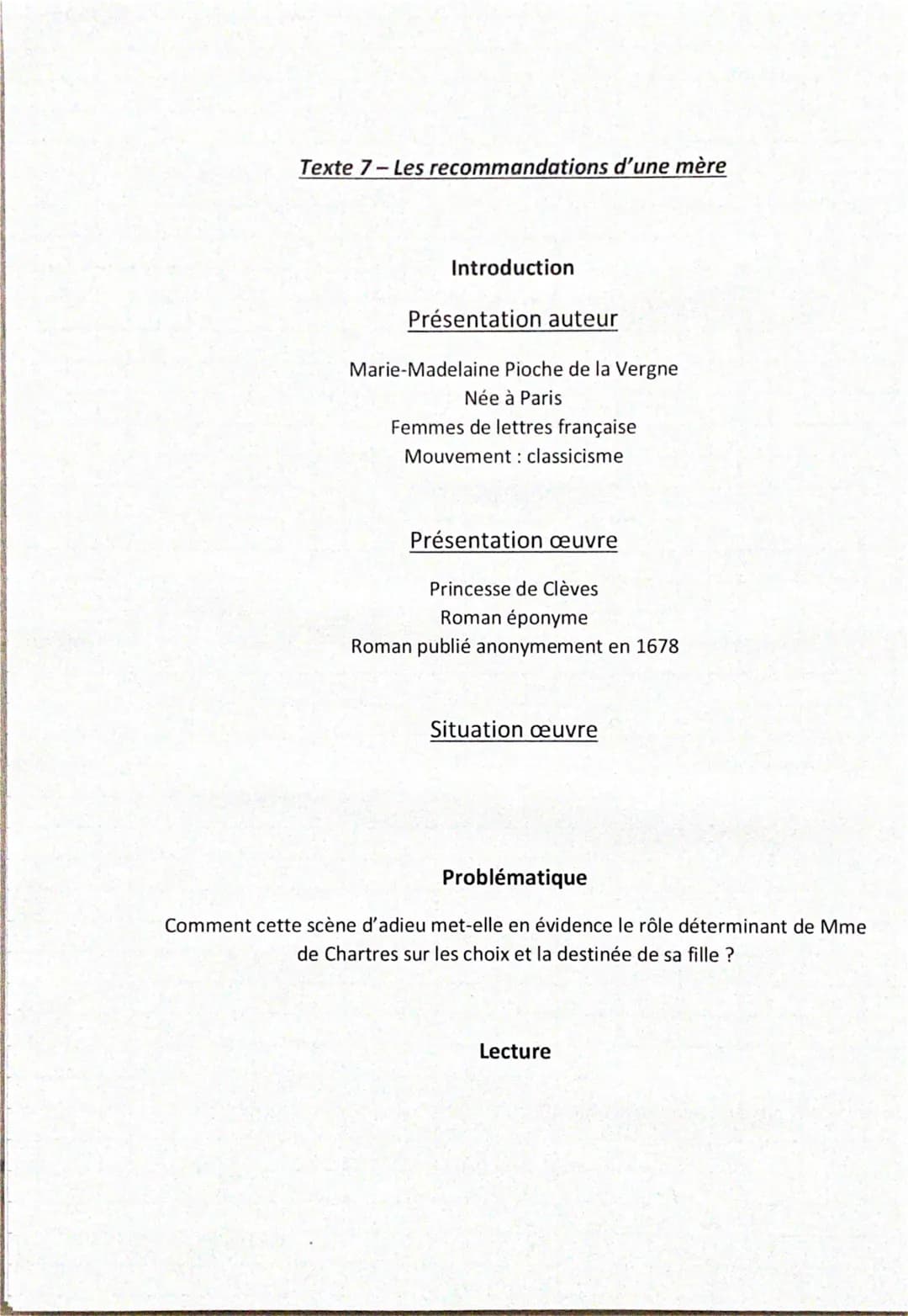 Texte 7-Les recommandations d'une mère
Introduction
Présentation auteur
Marie-Madelaine Pioche de la Vergne
Née à Paris
Femmes de lettres fr