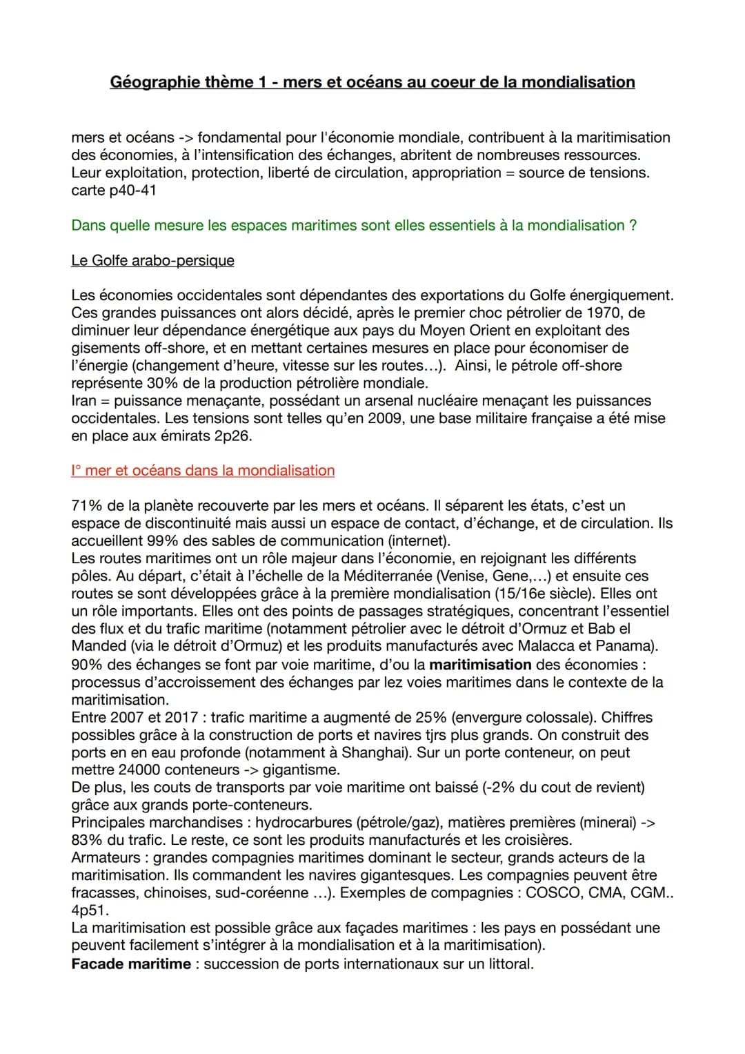 Géographie thème 1 - mers et océans au coeur de la mondialisation
mers et océans -> fondamental pour l'économie mondiale, contribuent à la m