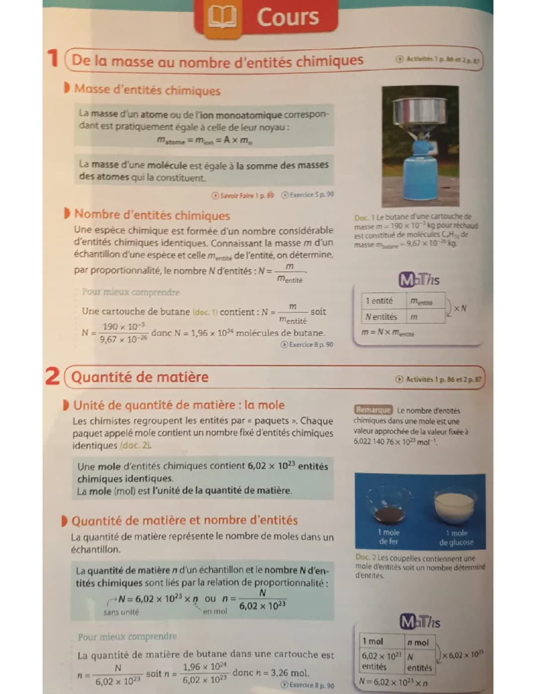 MOLE : Quantité de matière, masse au nombre d'entités chimiques, essentiel et exercices savoir faire