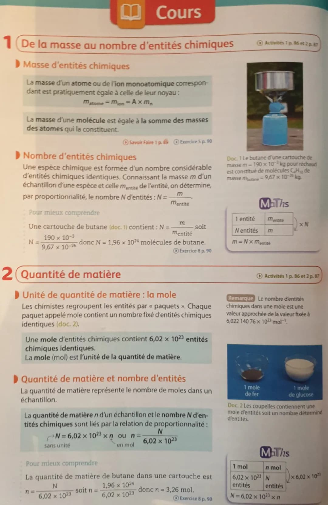 Cours
1 De la masse au nombre d'entités chimiques
▶ Masse d'entités chimiques
La masse d'un atome ou de l'ion monoatomique correspon-
dant e
