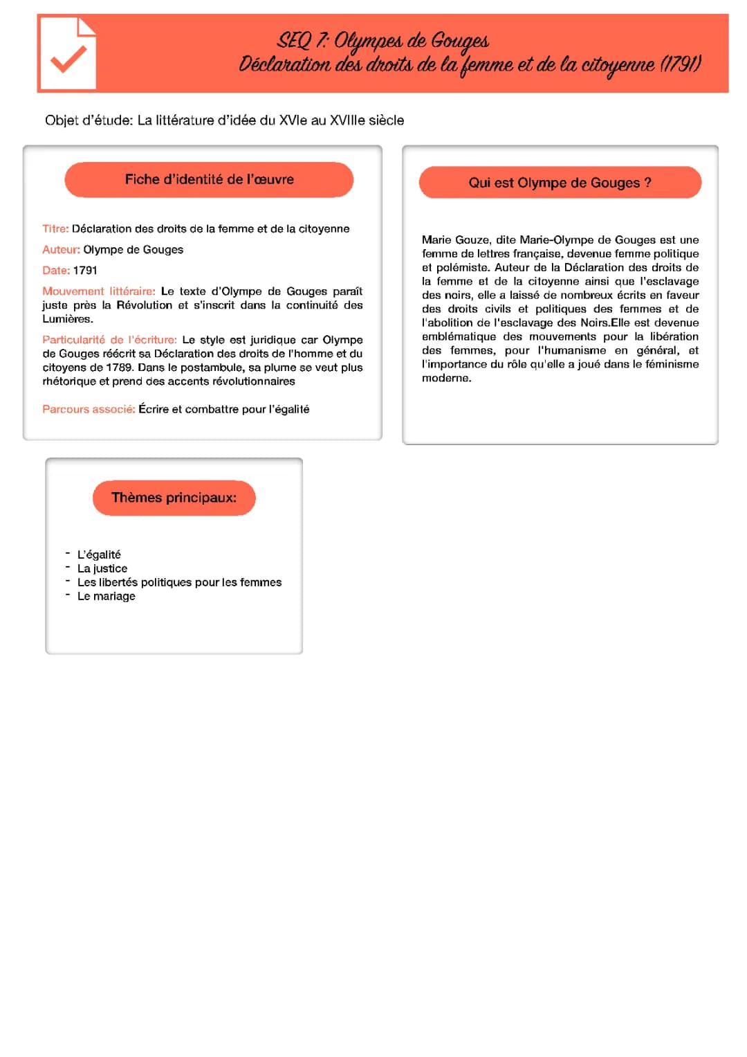 Analyse Linéaire du Préambule et Postambule d'Olympe de Gouges sur les Droits de la Femme