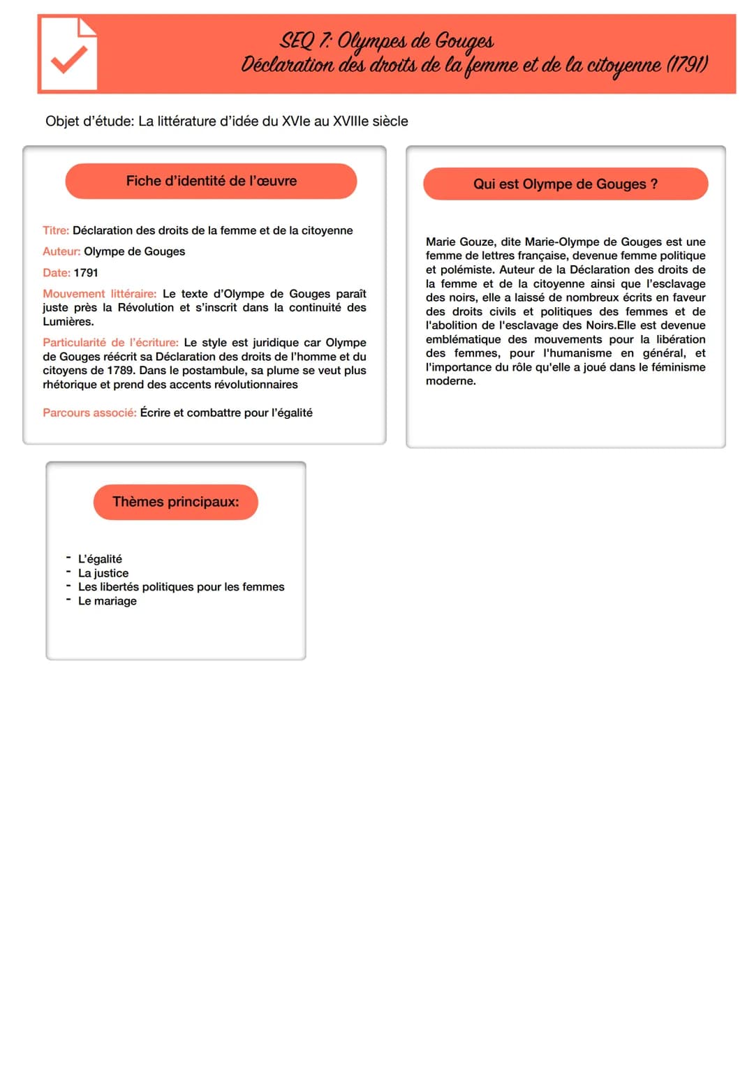 Objet d'étude: La littérature d'idée du XVIe au XVIIIe siècle
SEQ 7: Olympes de Gouges
Déclaration des droits de la femme et de la citoyenne
