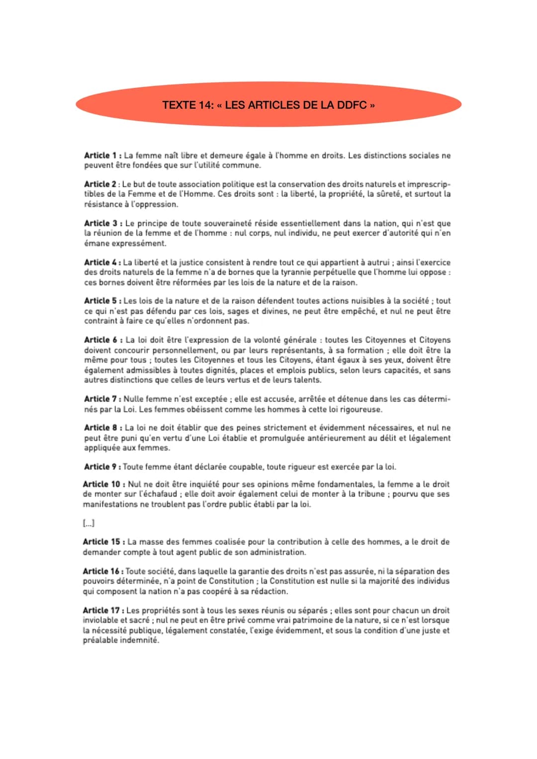 Objet d'étude: La littérature d'idée du XVIe au XVIIIe siècle
SEQ 7: Olympes de Gouges
Déclaration des droits de la femme et de la citoyenne