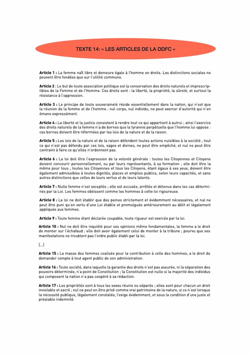 Objet d'étude: La littérature d'idée du XVIe au XVIIIe siècle
SEQ 7: Olympes de Gouges
Déclaration des droits de la femme et de la citoyenne
