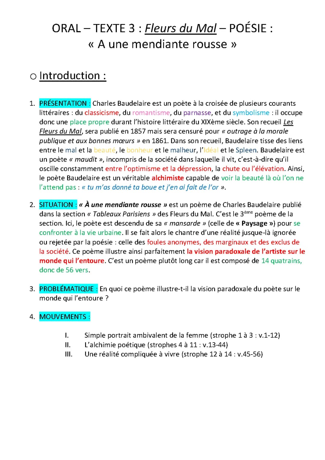 Fiche d'oral - Les Fleurs du Mal - Baudelaire 