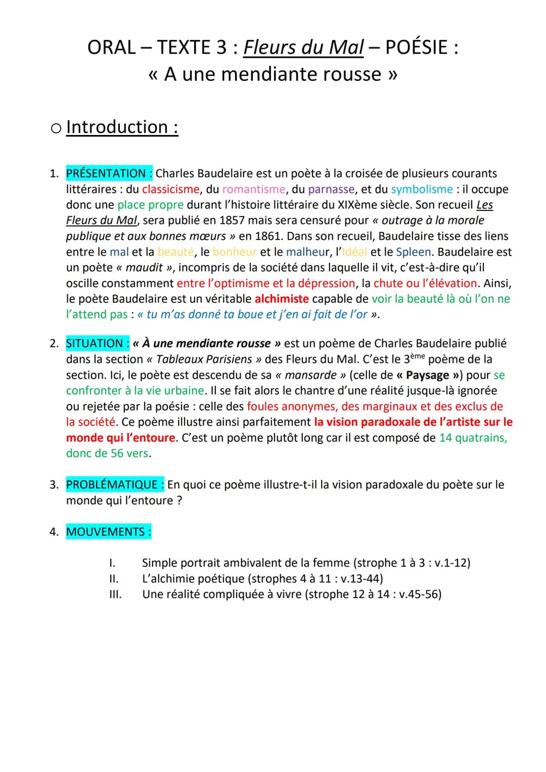 ORAL - TEXTE 3 : Fleurs du Mal - POÉSIE :
<< A une mendiante rousse >>
o Introduction :
1. PRÉSENTATION : Charles Baudelaire est un poète à 