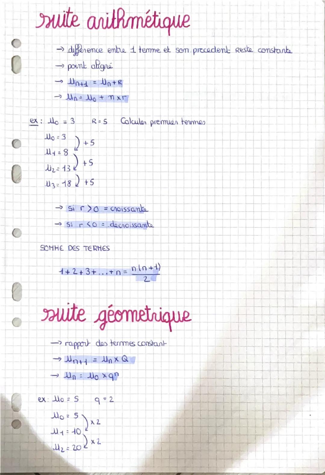 suite arithmétique
→difference entre 1 terme et son precedent Reste constante
→ point aligné
->
Un+1 = Un+R
→ Un = No + nxr
ex: Mo= 3 R=5 Ca