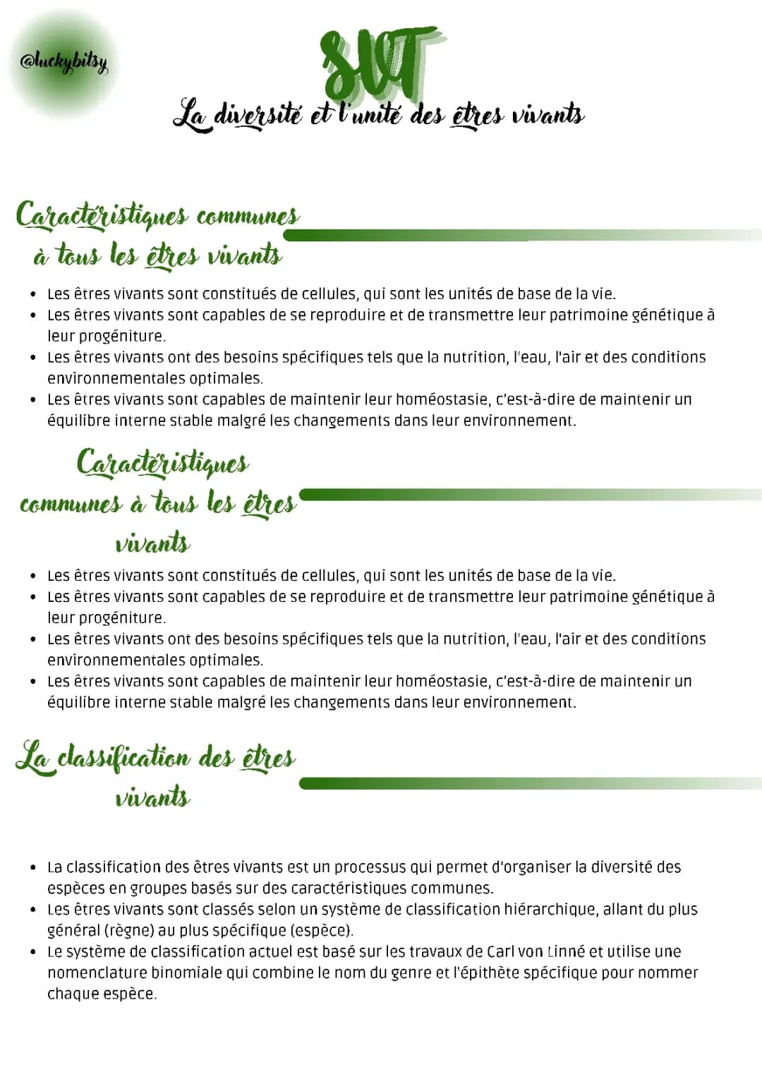 La diversité et l'unité des êtres vivants