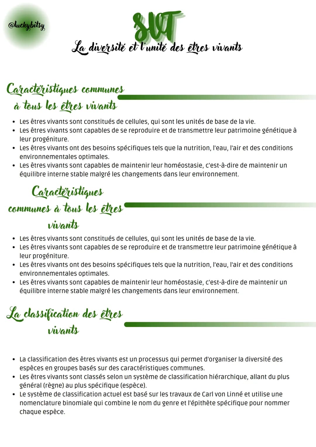 @luckybitsy
Caractéristiques communes
à tous les êtres vivants
• Les êtres vivants sont constitués de cellules, qui sont les unités de base 